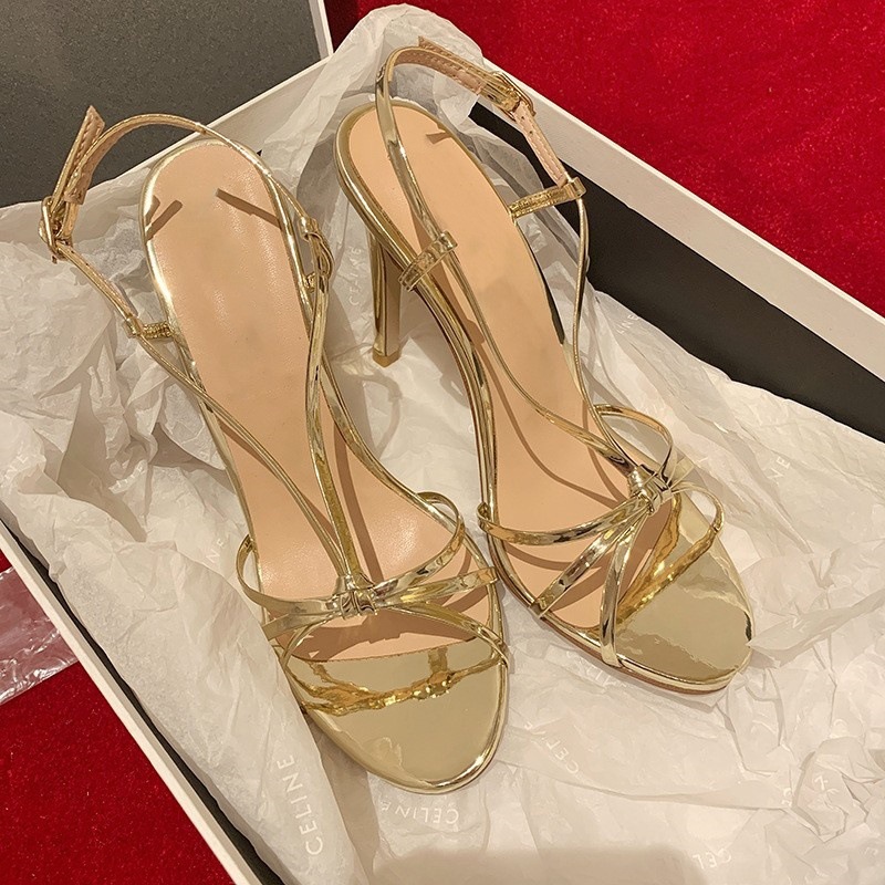 Golden strap high-heeled shoes for women in 2025, this year's new summer style with a single strap and slim heel, elegant ladies' sandals