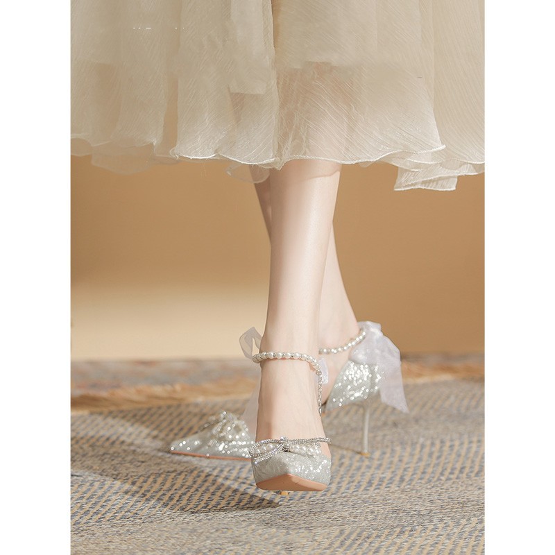Silver high heels, fairy's 18-year-old coming of age ceremony, crystal wedding shoes, bride's shoes, new French slim heels, non tiring single shoes