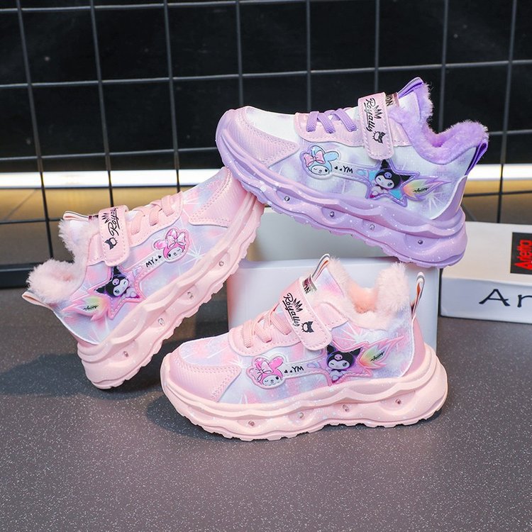 Kulomi Girls' Sports Shoes with Lights 2024 Autumn/Winter New Collection Children's Leather Face Middle and Small Children's Velvet Warm Running Shoes