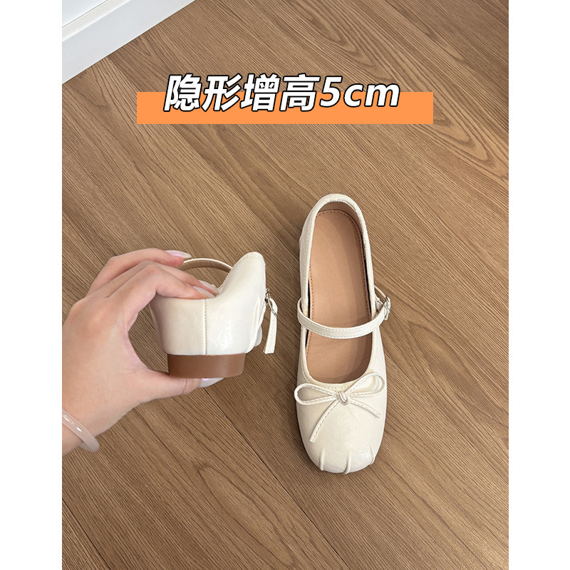 Silver inner height increase 5cm shallow mouth single shoe women's bow Mary Jane shoes French ballet shoes