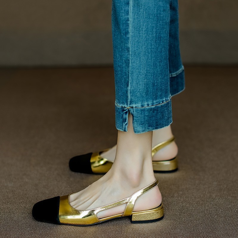 French 2024 Summer New Small Fragrant Style Color blocked Single Shoes Versatile Women's Shoes Commuter Baotou Roman Flat Sandals Women