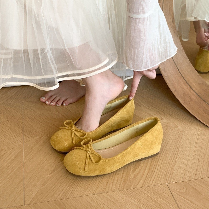 Interior height increasing version~French fairy style shallow bow single shoe for women, spring and autumn soft sole color blocked small fragrant style single shoe