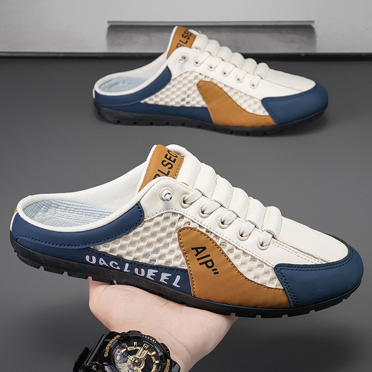 2025 thin men's shoes summer mesh breathable hole sandals for lazy men without heels and toe caps slippers
