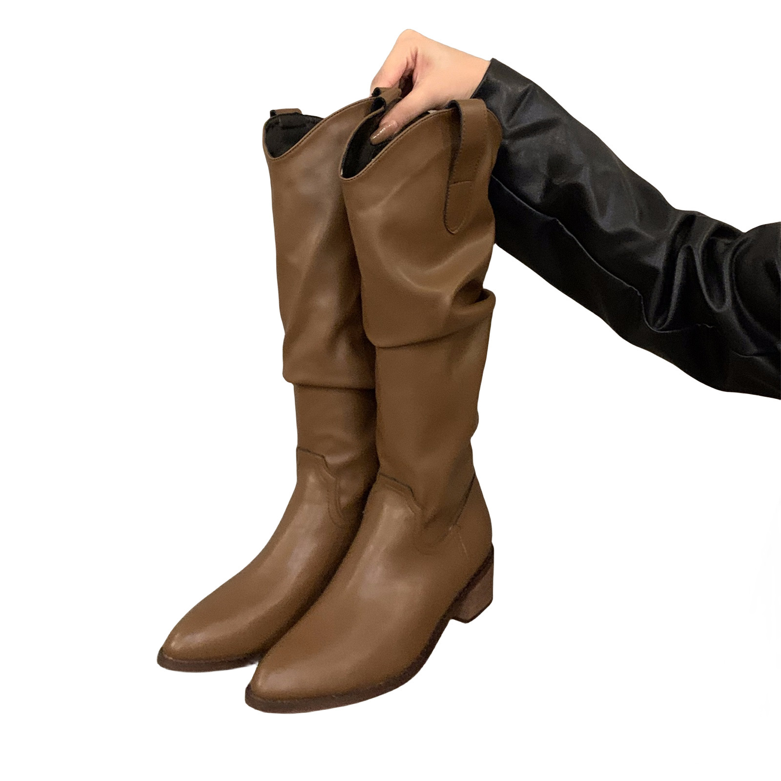 Coarse heeled retro brown V-neck pile up midsole long boots for women, 2024 summer pointed western denim long boots