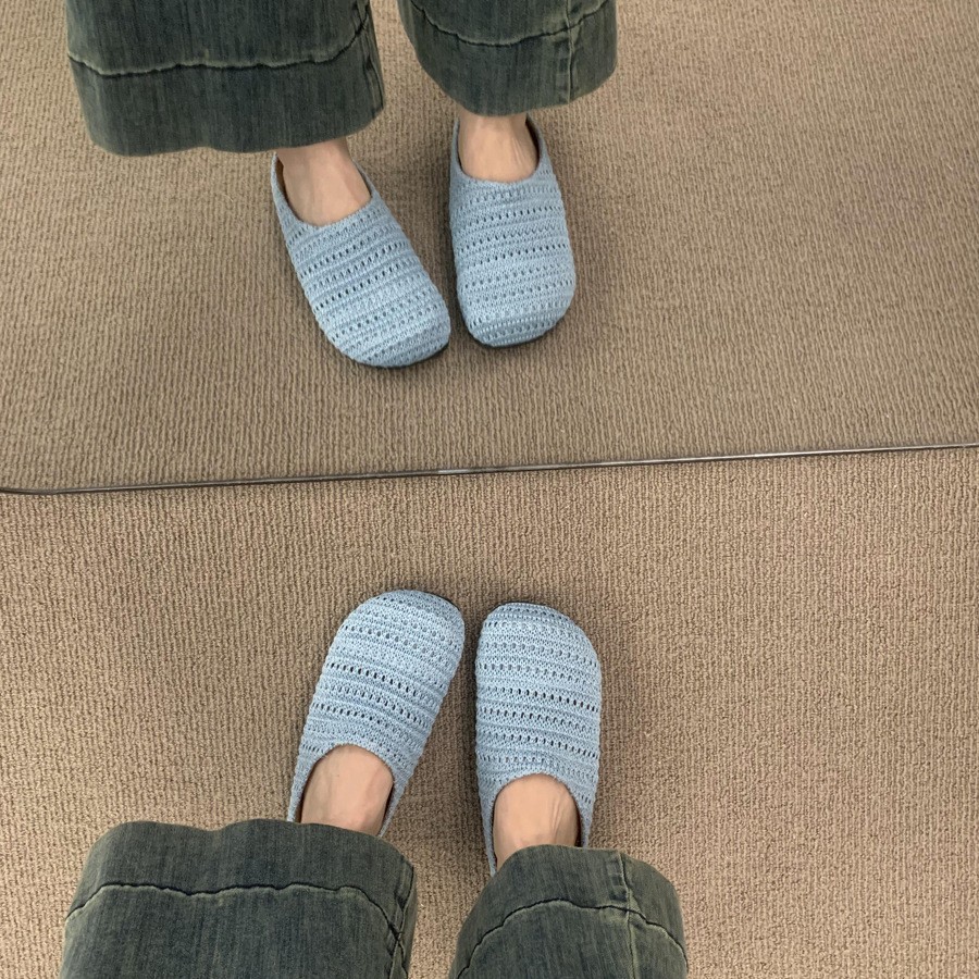 French style niche handmade woven hollow breathable toe half slippers for women wearing Roman style thick soled M ü ller shoes outside
