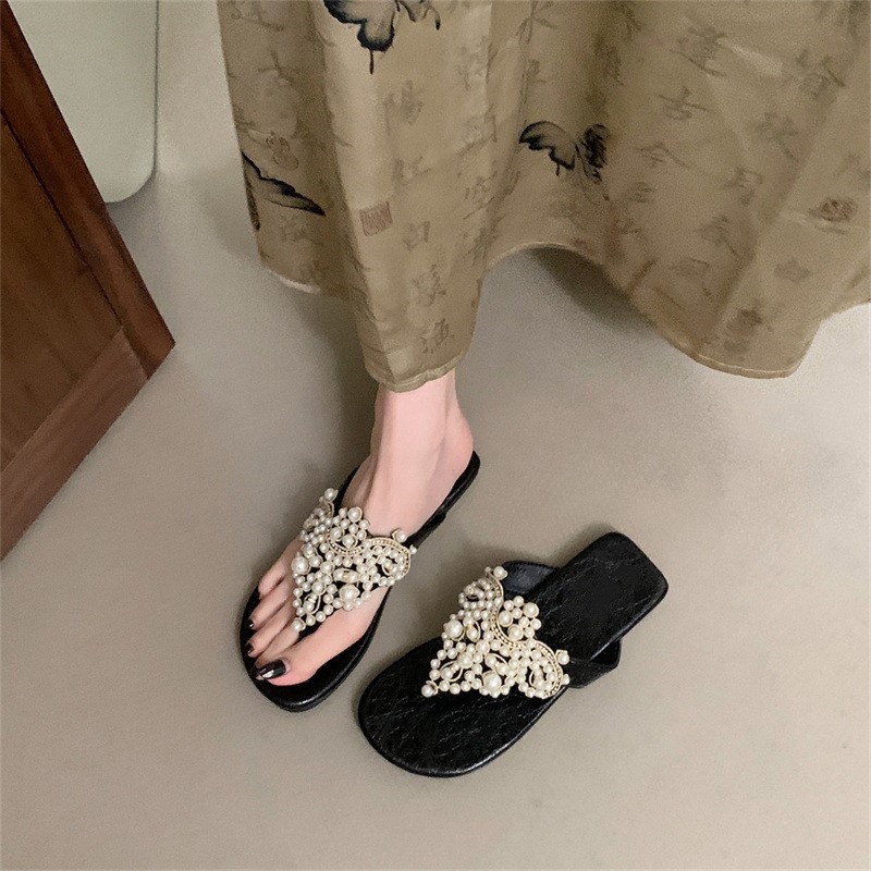 Gentle fairy style flip flops for women wearing retro style sandals, pearl flip flops, beach shoes