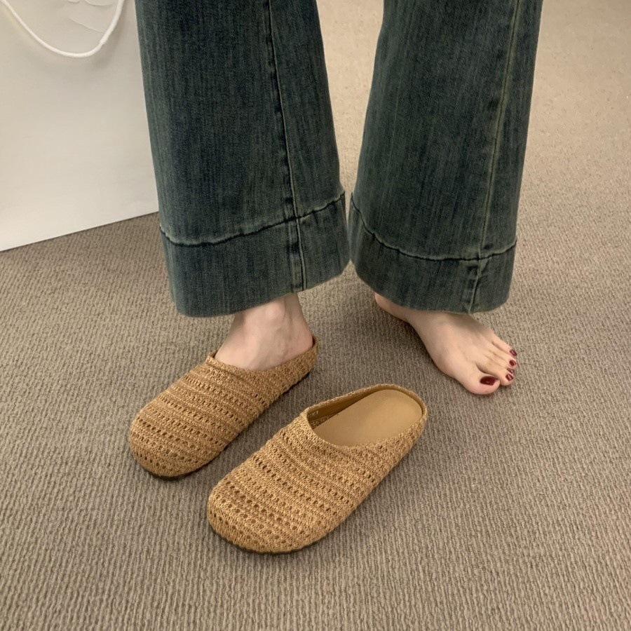 French style niche handmade woven hollow breathable toe half slippers for women wearing Roman style thick soled M ü ller shoes outside