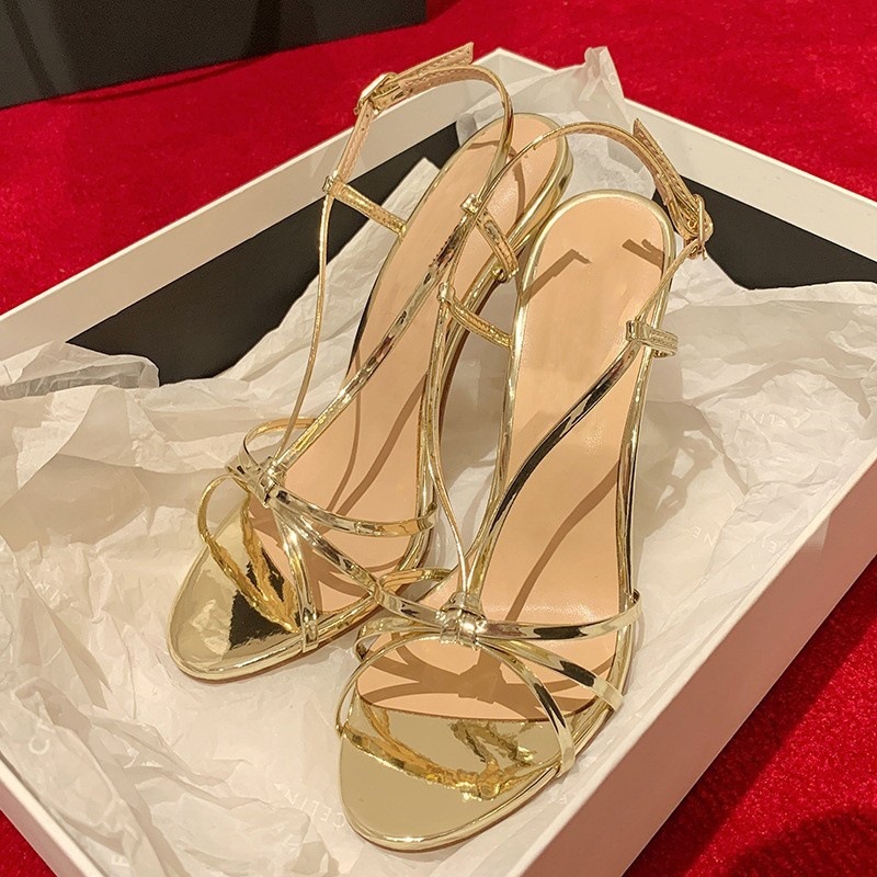 Golden strap high-heeled shoes for women in 2025, this year's new summer style with a single strap and slim heel, elegant ladies' sandals
