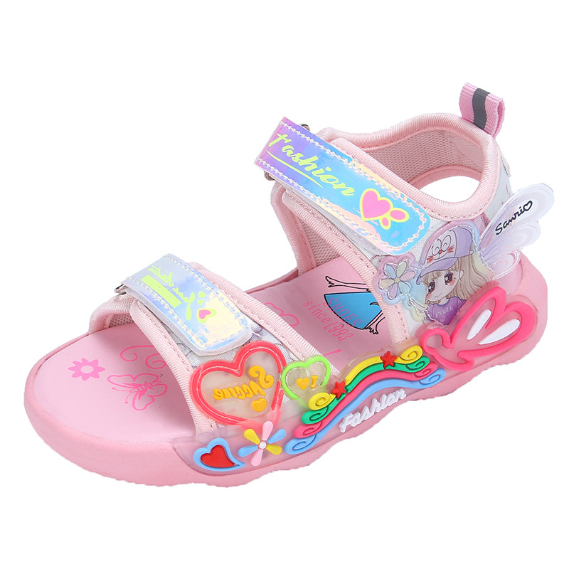 2023 New Internet Celebrity Fashion Children's Sandals with Lights for Girls, Anti slip Soft Bottom, Middle and Small Children's Princess Beach Shoes