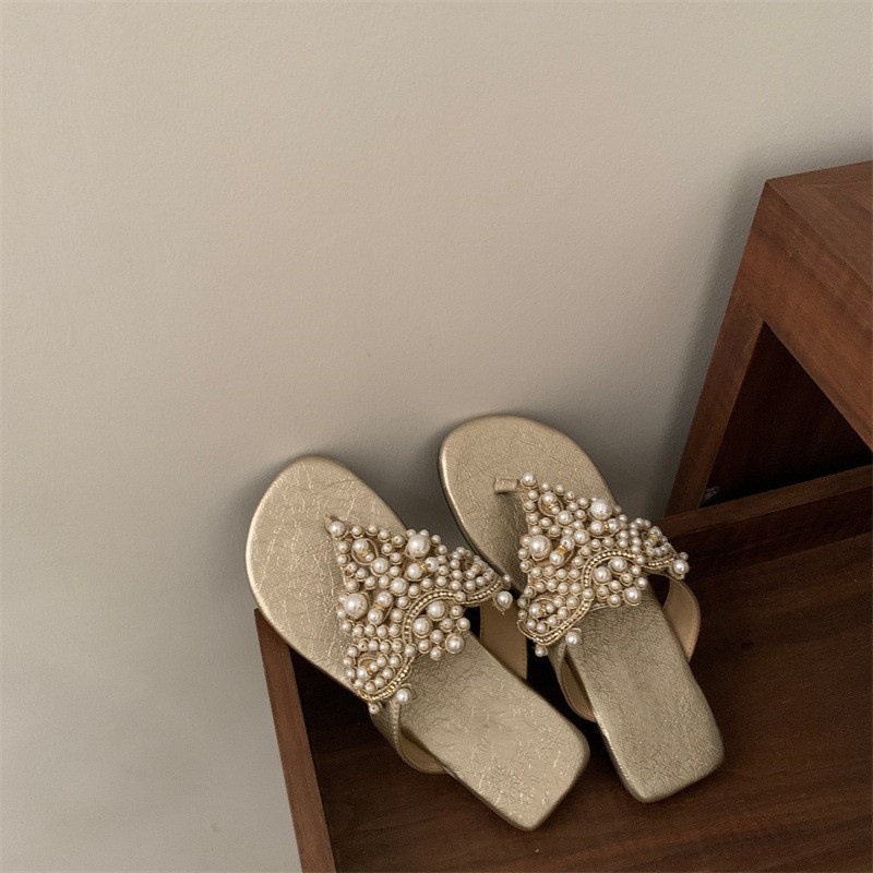 Gentle fairy style flip flops for women wearing retro style sandals, pearl flip flops, beach shoes