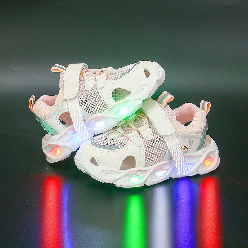 2023 Summer Edition Children's Sandals with Lights, Girls' Headless Sandals, Hollow Mesh, Korean Edition Soft soled Sports Shoes for Elementary School Students