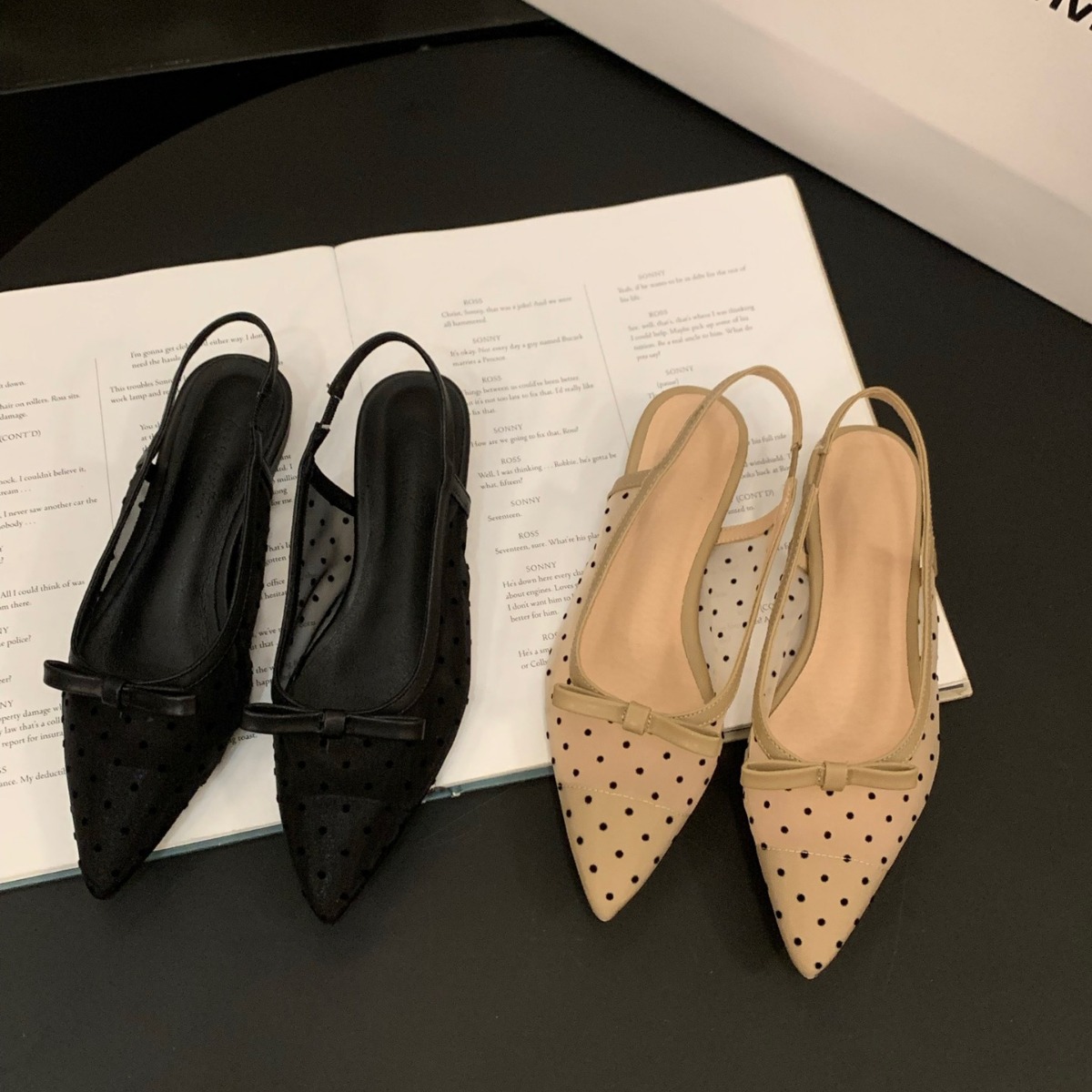 French low heel bow toe sandals with fairy shoes 2024 new summer mesh breathable flat sole single shoes