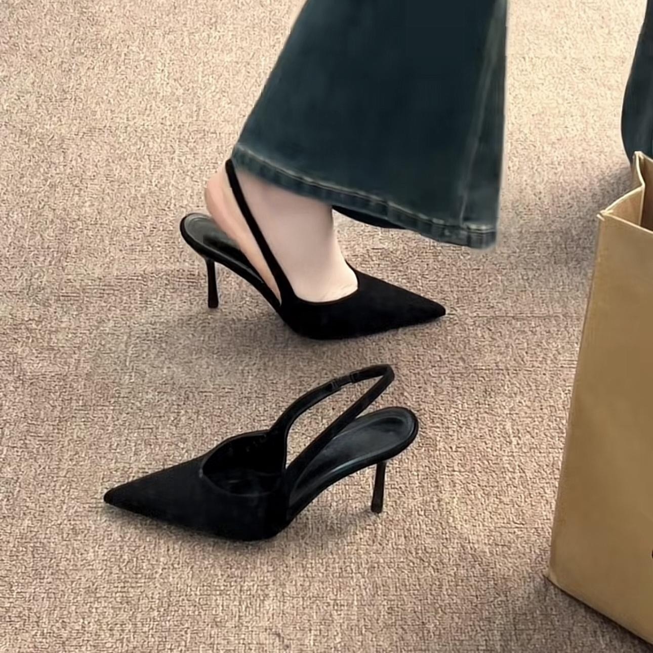 Two heights~French pointed leopard print high heels, toe sandals, women's spring and summer slim heels, suede back, empty single shoes