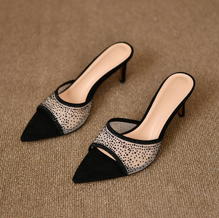 Internet famous sandals for women's summer outdoor wear, new style with thin heels, pointed mesh, rhinestone high heels, exposed toes, straight strap, sandals