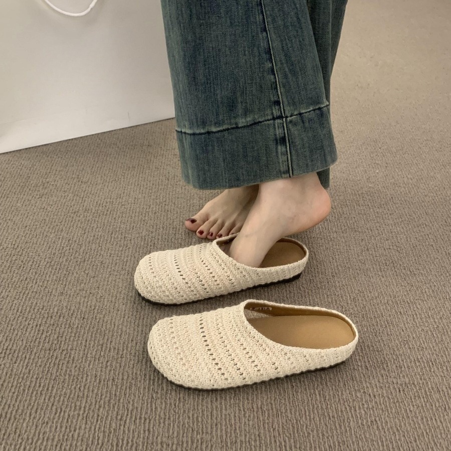 French style niche handmade woven hollow breathable toe half slippers for women wearing Roman style thick soled M ü ller shoes outside