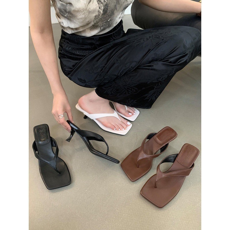 Summer new French high-heeled cat heel flip flops paired with skirts and sandals for women, slim heeled beach shoes