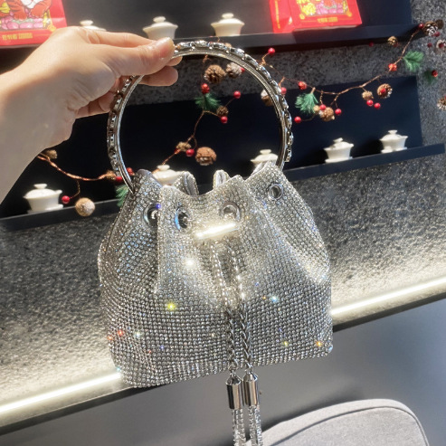 Cross border women's bag 2025 new hot stamping diamond bucket bag round handle handbag single shoulder diagonal chain small bag inlaid with diamonds