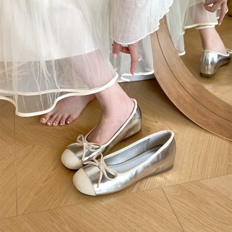 Interior height increasing version~French fairy style shallow bow single shoe for women, spring and autumn soft sole color blocked small fragrant style single shoe