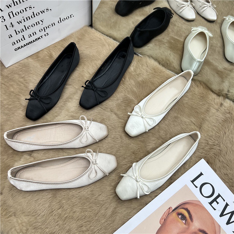 Niche Design French Gentle Bow Square Head Flat Single Shoes for Women 2024 Spring New Silk Bean Scoop Shoes