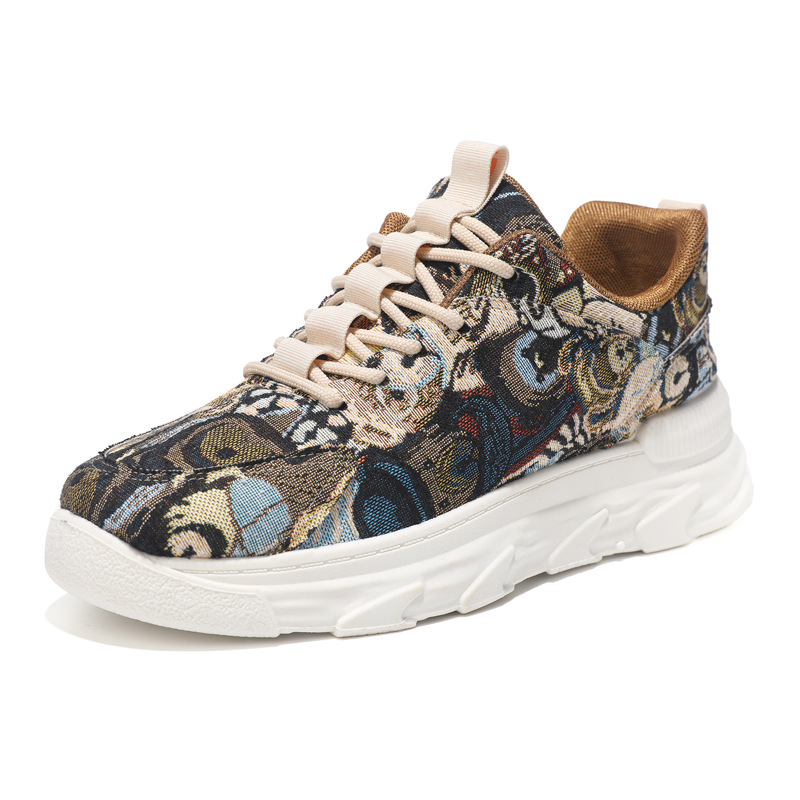 Cross border men's shoes 2023 new youth trend flower cloth breathable thick sole casual dad shoes casual painted canvas shoes