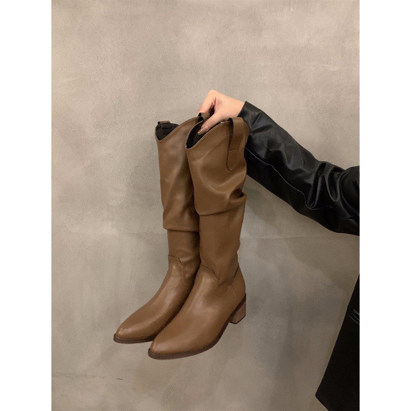Coarse heeled retro brown V-neck pile up midsole long boots for women, 2024 summer pointed western denim long boots