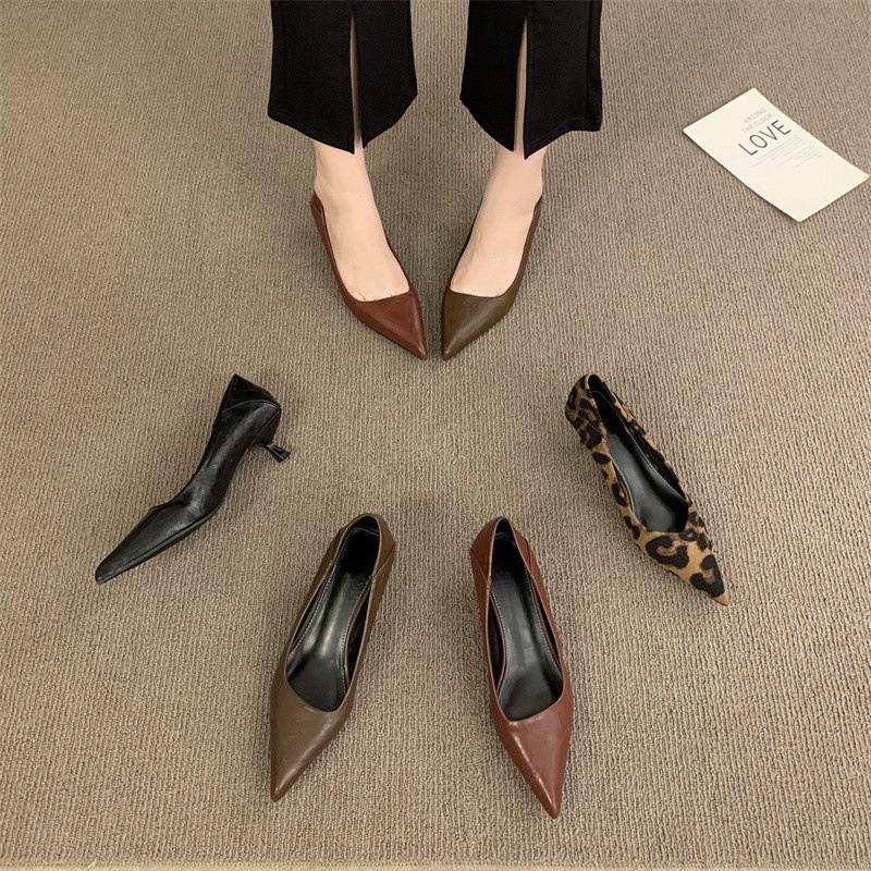 2024 autumn and winter new pointed shallow mouth high heels leopard print fashion versatile temperament commuting low heel kitten order shoes
