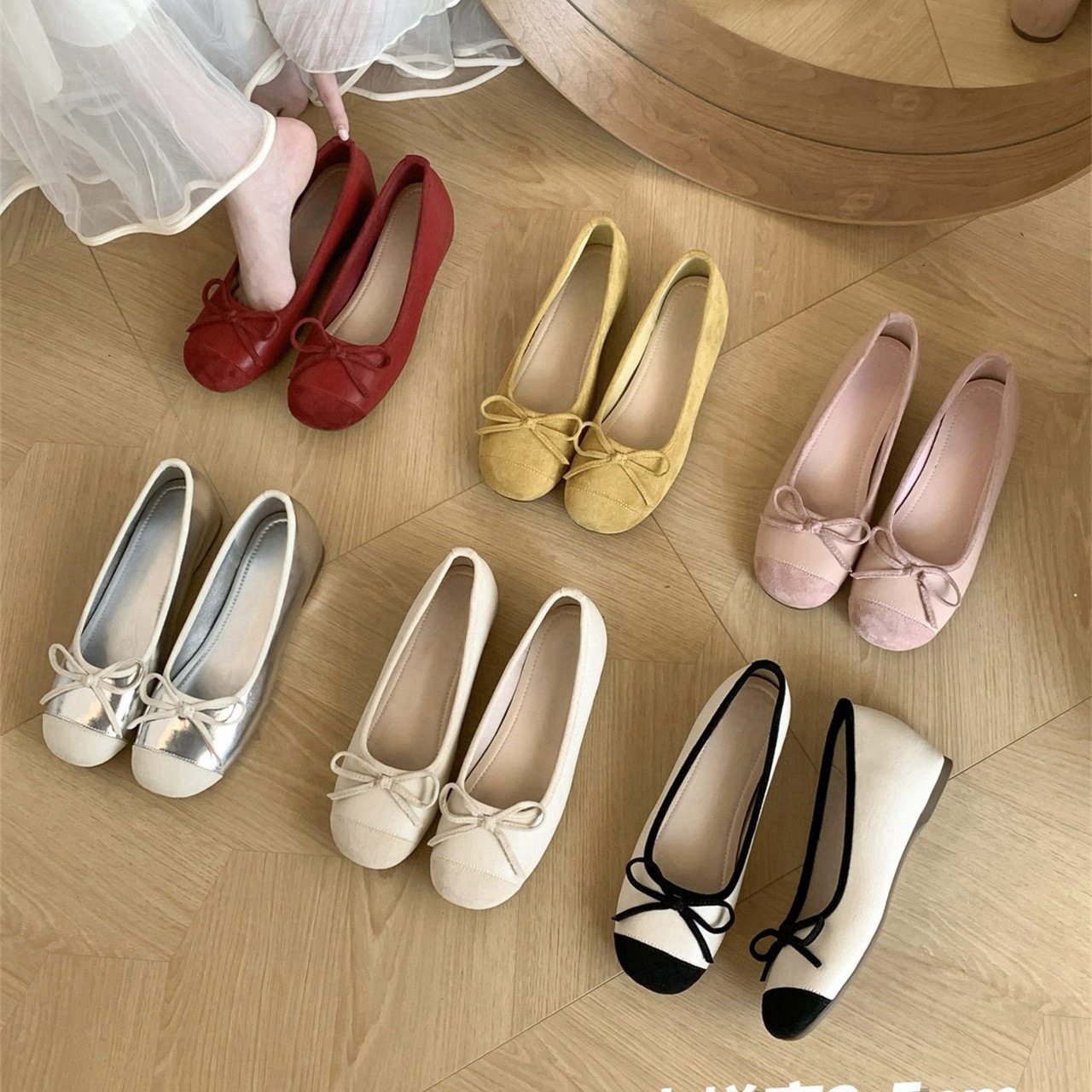 Interior height increasing version~French fairy style shallow bow single shoe for women, spring and autumn soft sole color blocked small fragrant style single shoe