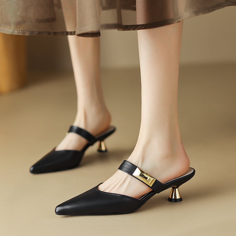 Baotou Half Slippers, Women's Fine Heels, Outdoor Wear 2023 Summer New Style, Pointed Mouller Shoes, High Heels, Versatile Cool Slippers