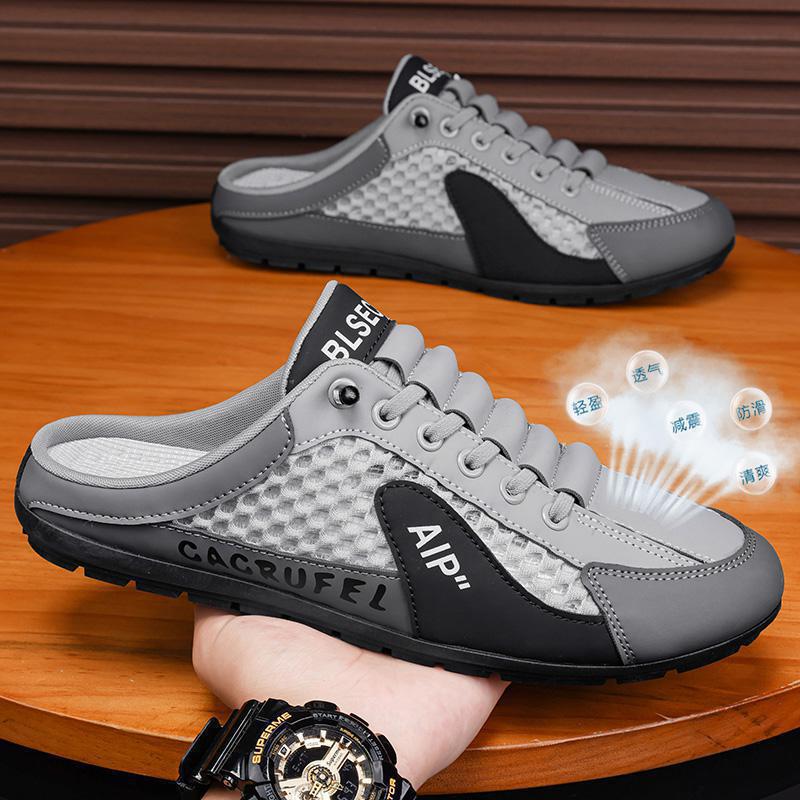 2025 thin men's shoes summer mesh breathable hole sandals for lazy men without heels and toe caps slippers