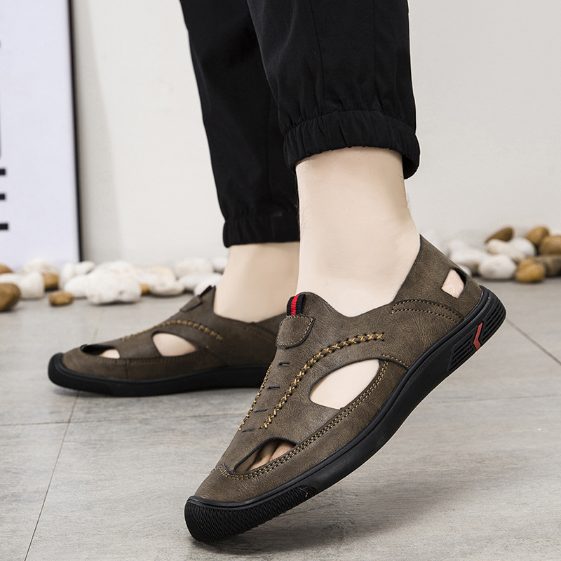 Cross border plus summer casual hollow out bean shoes for men, British casual breathable sandals, super fiber one foot driving shoes