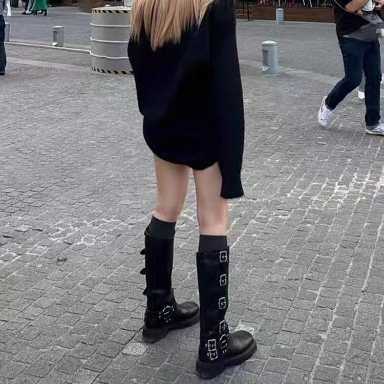 Brown Western Cowboy Boots, Women's Over Knee Boots, Metal Belt Buckle, Thick Heel, High Barrel Knight Boots, Single Boot
