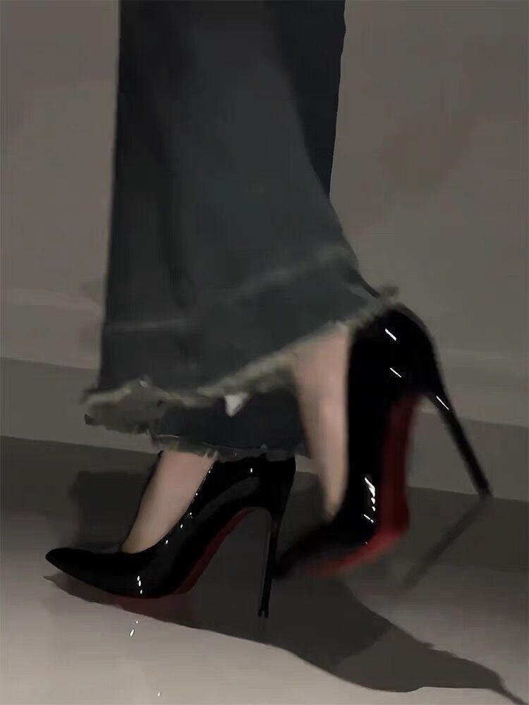Red soled high heels, women's slim heels, black side empty with rhinestones, elegant socialite, nude color, pointed toe, 2023 new model