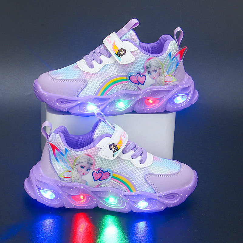 Girls' shoes with lights, 2024 autumn and winter new item with fleece insulation, leather surface, girls' sports shoes, little girls' princess shoes
