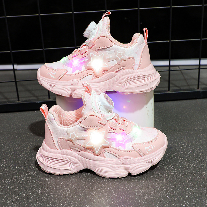 Girls' luminous shoes 2023 new button shoes, children's spring and autumn girls' sports shoes, real heart princess dad shoes