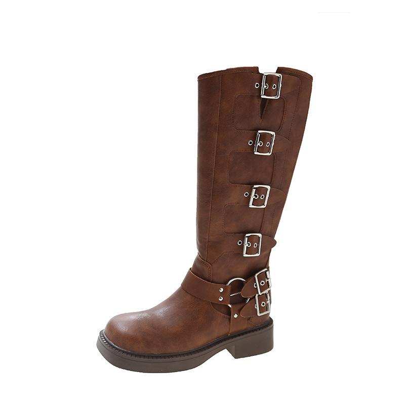 Brown Western Cowboy Boots, Women's Over Knee Boots, Metal Belt Buckle, Thick Heel, High Barrel Knight Boots, Single Boot