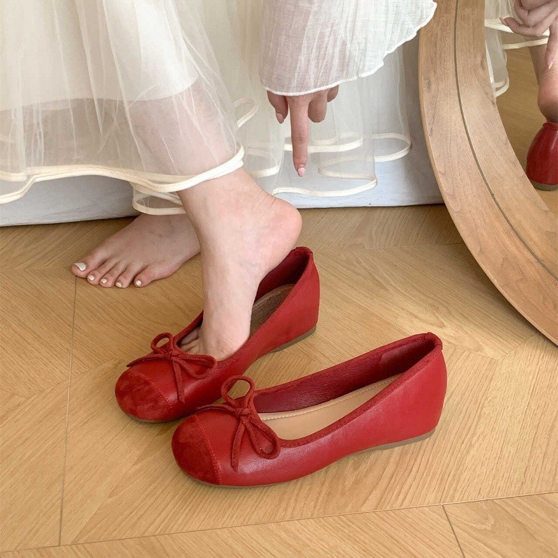 Interior height increasing version~French fairy style shallow bow single shoe for women, spring and autumn soft sole color blocked small fragrant style single shoe