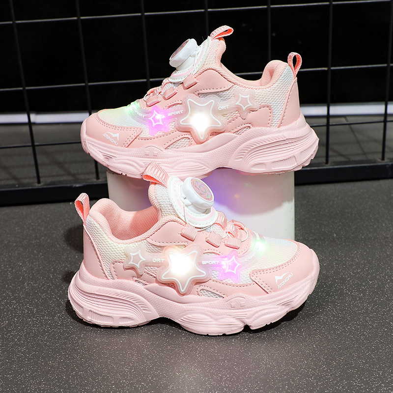 Girls' luminous shoes 2023 new button shoes, children's spring and autumn girls' sports shoes, real heart princess dad shoes