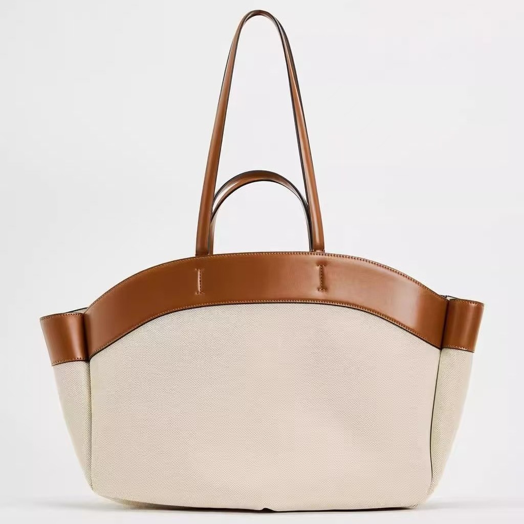 ZA Home Canvas Bag for Women 2025 New Product Fashion Splicing Large Capacity Commuter Shopping Bag Handheld Single Shoulder Tote Bag