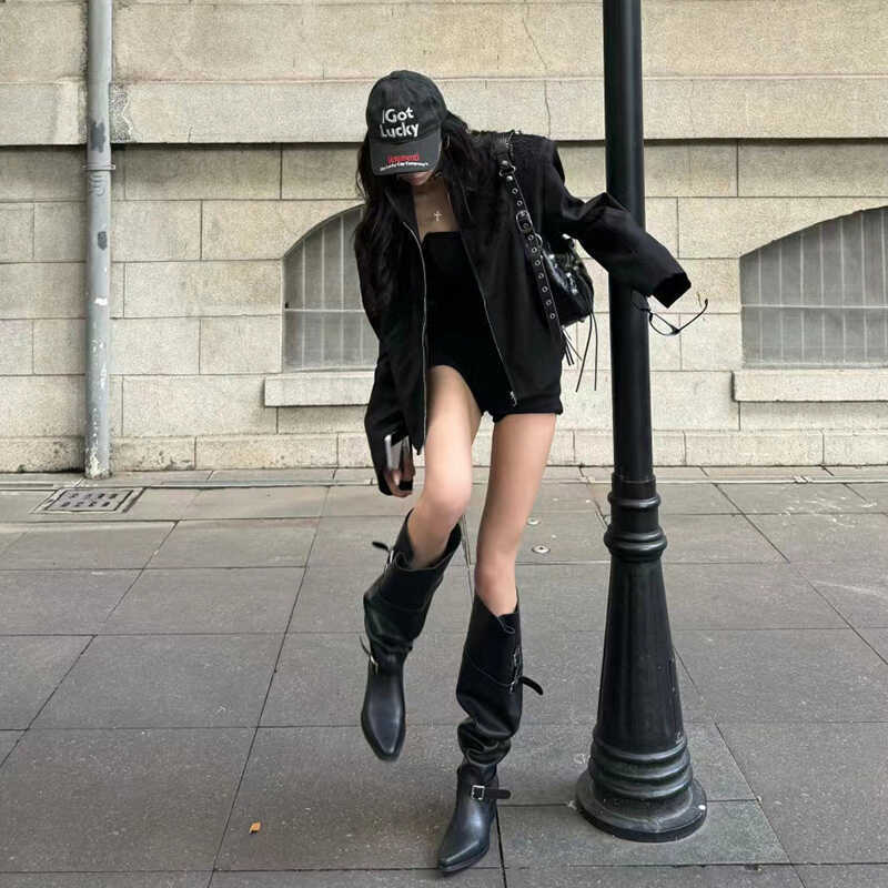 Korean version of large walled pile boots, women's thick boots can't keep up with knee boots, 2024 autumn edition belt buckle western boots fashion boots