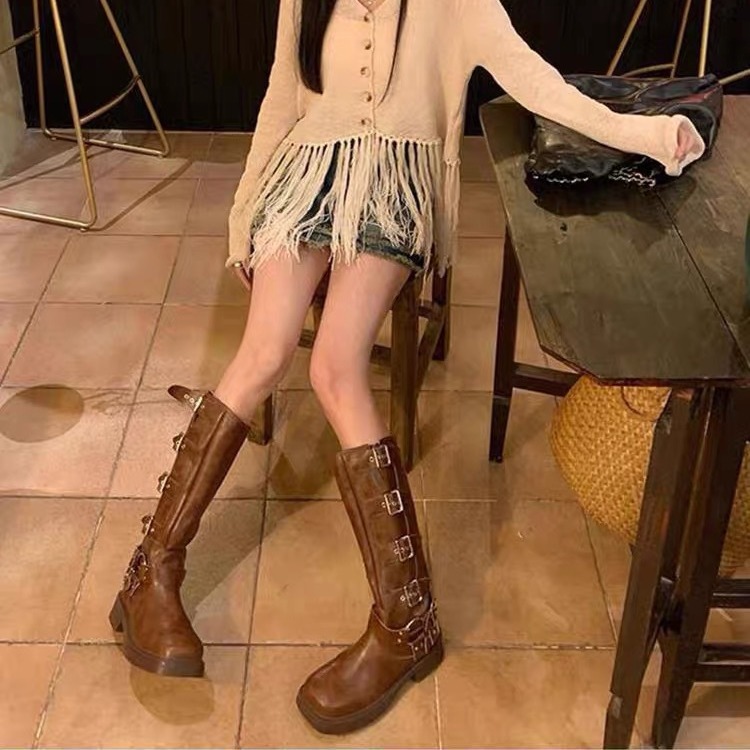 Brown Western Cowboy Boots, Women's Over Knee Boots, Metal Belt Buckle, Thick Heel, High Barrel Knight Boots, Single Boot