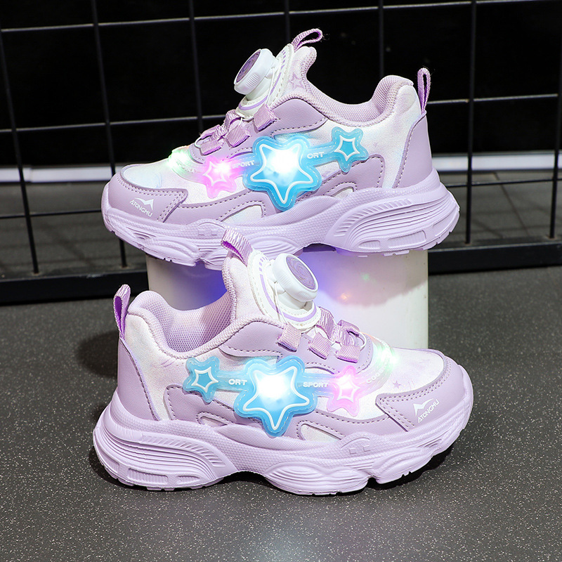 Girls' luminous shoes 2023 new button shoes, children's spring and autumn girls' sports shoes, real heart princess dad shoes