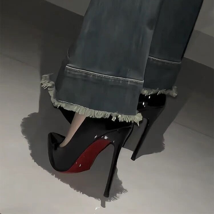 Red soled high heels, women's slim heels, black side empty with rhinestones, elegant socialite, nude color, pointed toe, 2023 new model