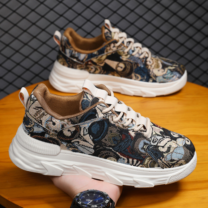 Cross border men's shoes 2023 new youth trend flower cloth breathable thick sole casual dad shoes casual painted canvas shoes