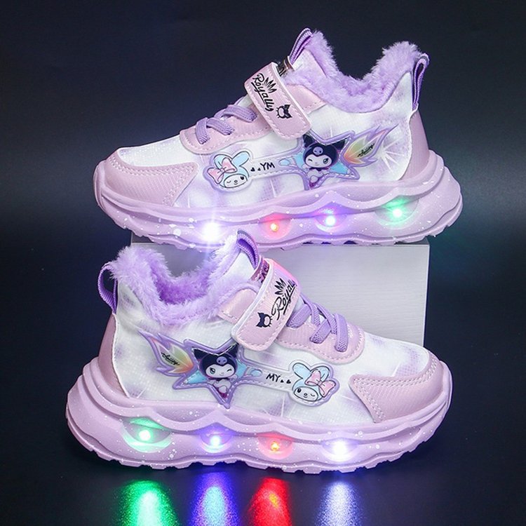 Kulomi Girls' Sports Shoes with Lights 2024 Autumn/Winter New Collection Children's Leather Face Middle and Small Children's Velvet Warm Running Shoes
