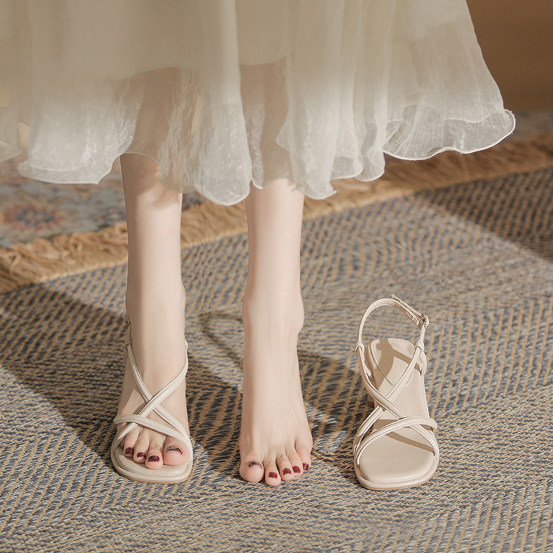 Exquisite sandals for women, 2024 summer new item, worn outside with fairy style, medium thick heel, French style, short high heels