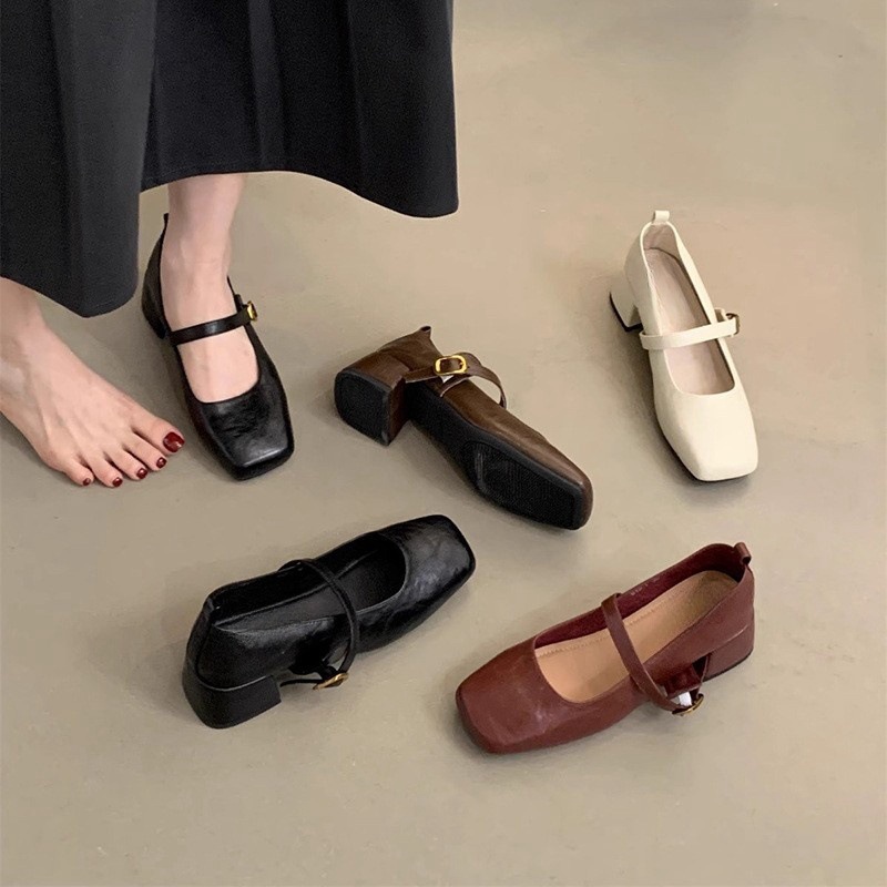 French retro square toe shallow mouth single shoe for women, with spring and autumn style evening style temperament, fairy thick heel, Mary Jane small leather shoes