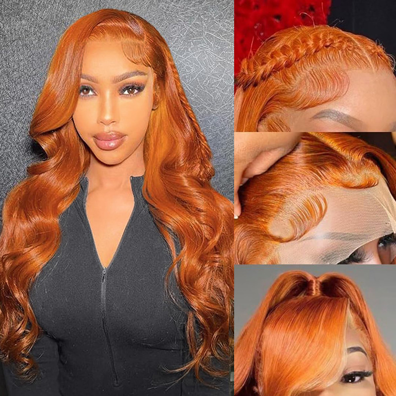 Cross border big wave long curly front lace full real hair wig, ginger body wig, human hair