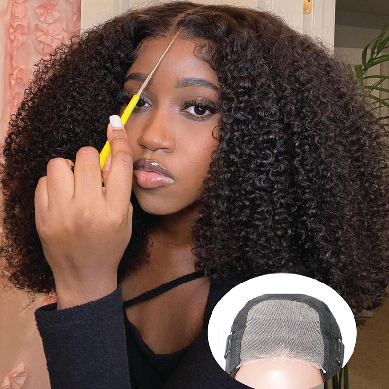 Human Hair Wig with No Glue Head Cover, Afro Kinky Curly Glueless Wig, Human Hair