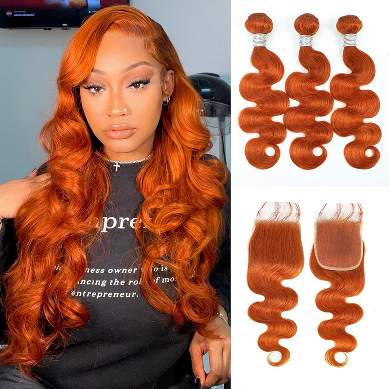 Human Hair Wigs, Hair Curtains, Ginger Body Wave, Human Hair Bundles, Orange