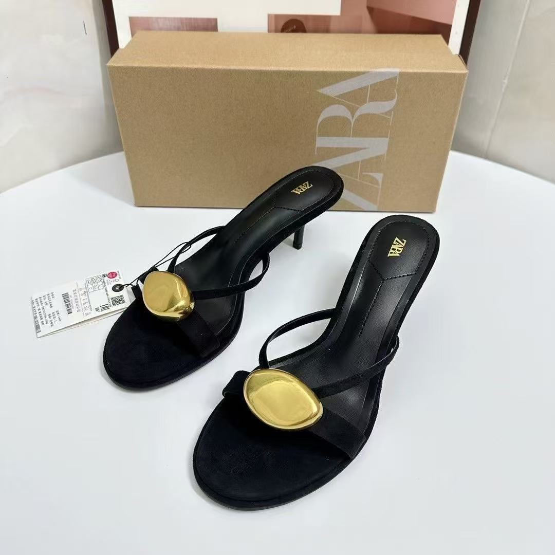 ZA2025 Spring New Women's Shoes Black Metal Detail Decoration Round Head Stiletto Sandals Elegant